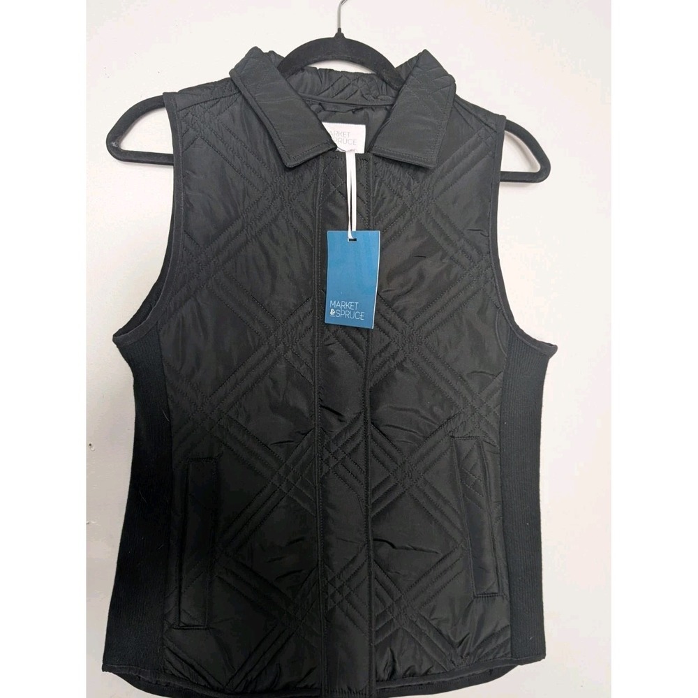 Market & Spruce Women's Rib Side Panel Quilted Zip-Up Vestb Black Small